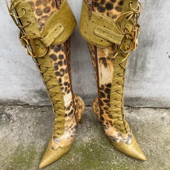 Christian Dior CD Logo Green Cheetah Print Boots 36 - Picture 3 of 6